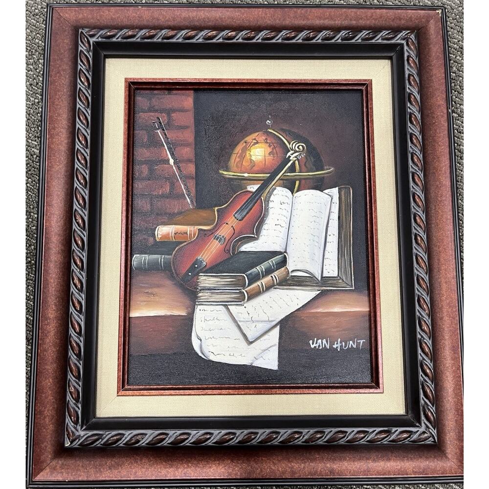 Van Hunt Signed Framed Still Life Painting Violin Books Globe Canvas